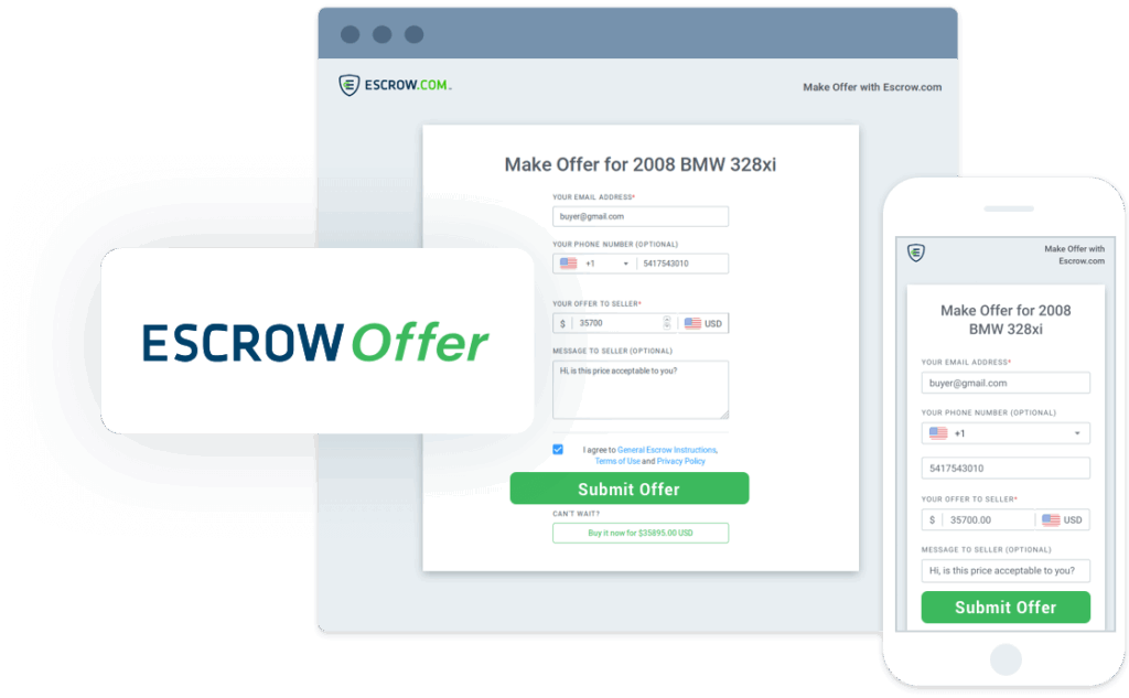 Desktop and mobile views of the EscrowOffer interface for a 2008 BMW 328xi, showing fields for email address, optional phone number, offer amount in USD, an optional message to the seller, and a green “Submit Offer” button, all branded with the Escrow.com logo.