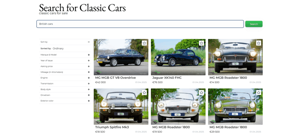 ClassicCarPool search page showing a styled search bar with green Search button and a grid of classic car listings.