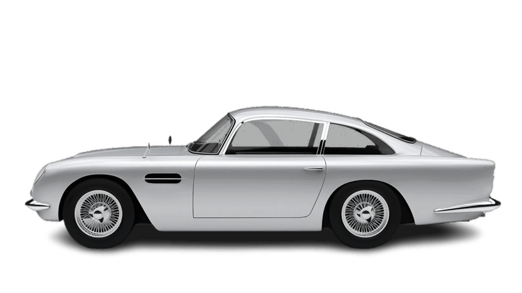 Side view of a silver Aston Martin DB5 classic car with wire-spoke wheels on a gradient dark background